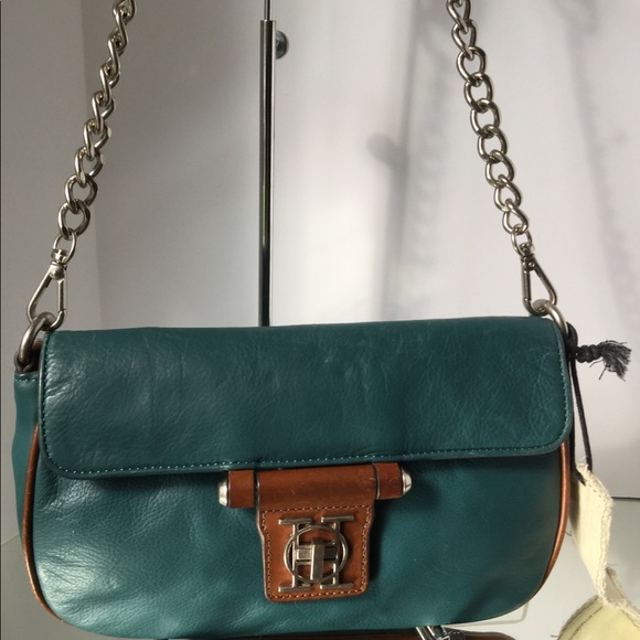 Olivia Harris Handbags - Olivia Harris Teal & Brown Leather Chain Strap
